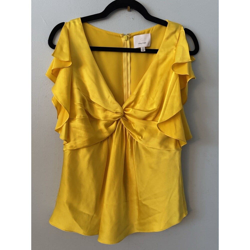 Diane Von Furstenberg Bright Yellow Knot-Front Ruffle V-Neck Blouse